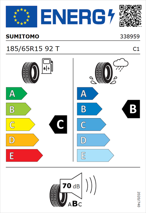 Tyre Label for Sumitomo BC100 185/65R15 92T