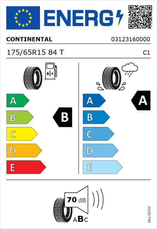 Tyre Label for Continental UltraContact 175/65R15 84T