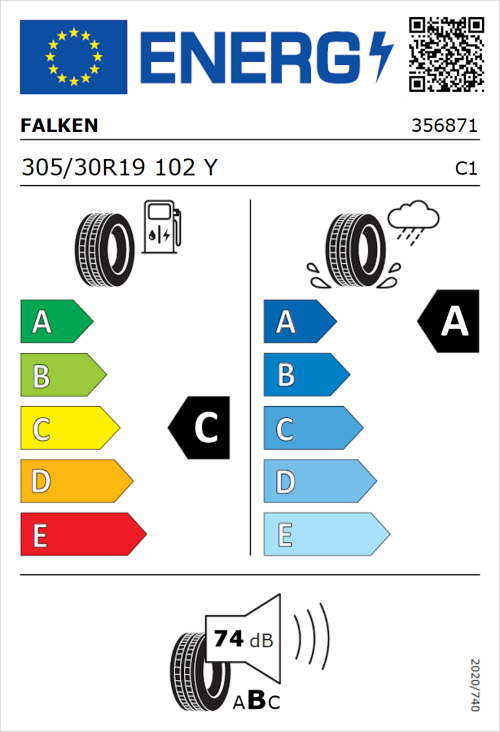 Tyre Label for Falken Azenis RS820 305/30R19 102Y