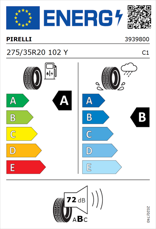 Tyre Label for Pirelli P Zero (PZ4) Sport Car 275/35R20 102Y